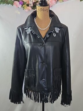 Urban Outfitters Black Faux Leather Fringe Jacket with Embroidered Silver Yoke